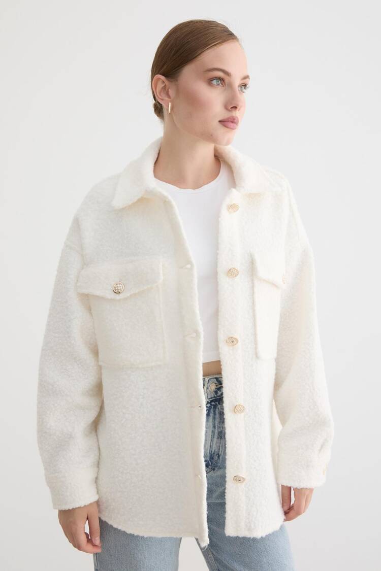 White Oversized Shacket Teddy Coat With Flap Pockets