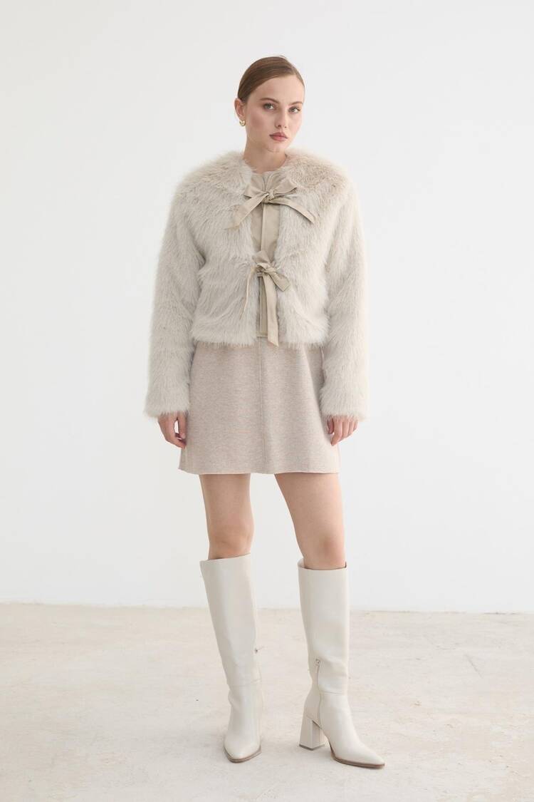 Beige Fur Wrapover Coat With Tie Closure - Brand: Levure - Women & Kids, Baby Clothes Wholesale - Globality Store