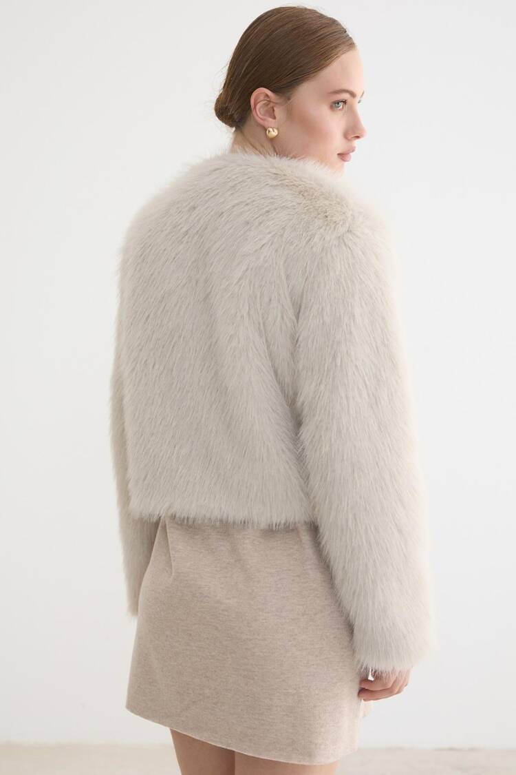Beige Fur Wrapover Coat With Tie Closure