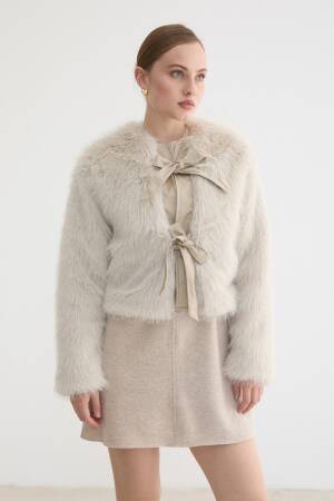 Beige Fur Wrapover Coat With Tie Closure - Brand: Levure - Women & Kids, Baby Clothes Wholesale - Globality Store