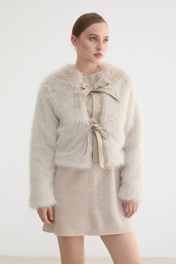 Beige Fur Wrapover Coat With Tie Closure