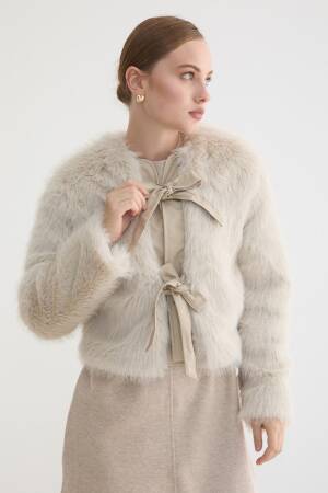 Beige Fur Wrapover Coat With Tie Closure - Brand: Levure - Women & Kids, Baby Clothes Wholesale - Globality Store