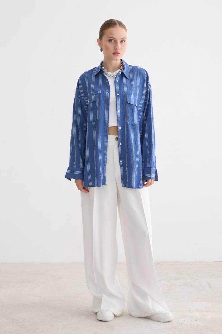 Blue Oversized Casual Striped Shirt - Brand: Levure - Women & Kids, Baby Clothes Wholesale - Globality Store