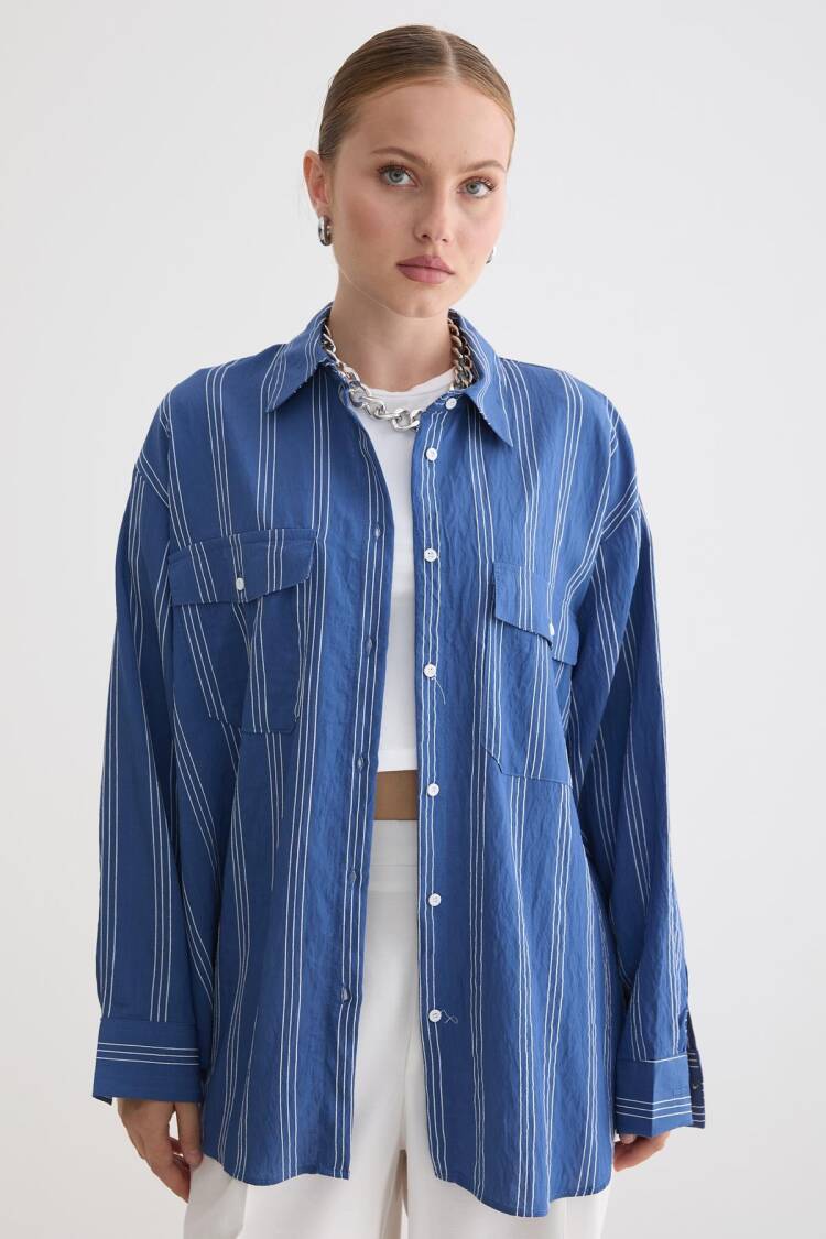 Blue Oversized Casual Striped Shirt