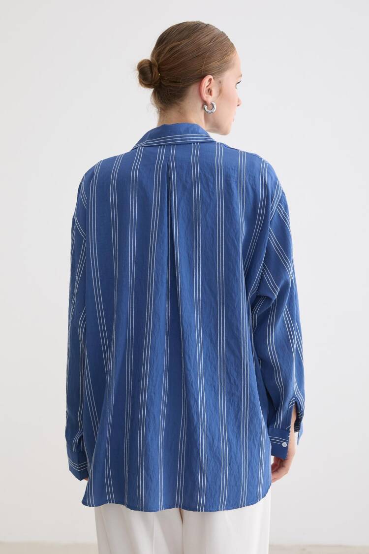 Blue Oversized Casual Striped Shirt