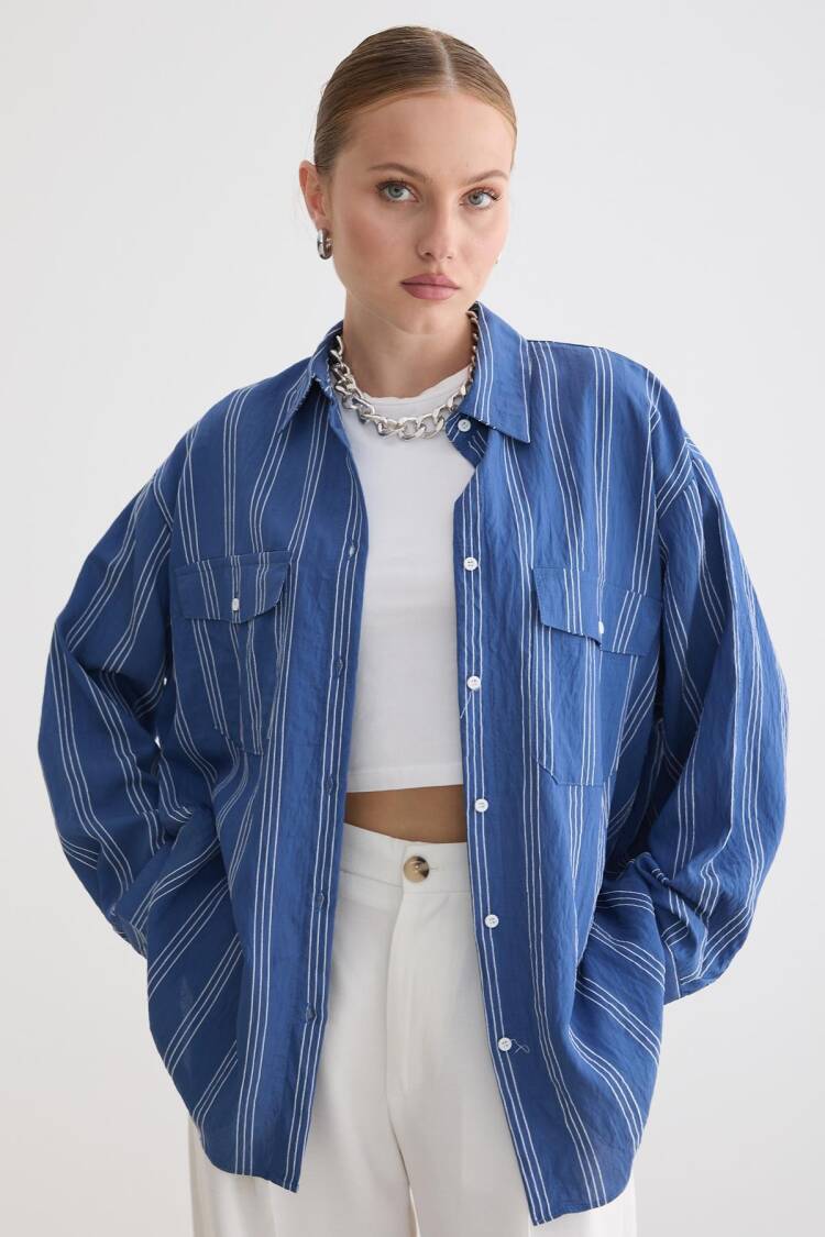 Blue Oversized Casual Striped Shirt
