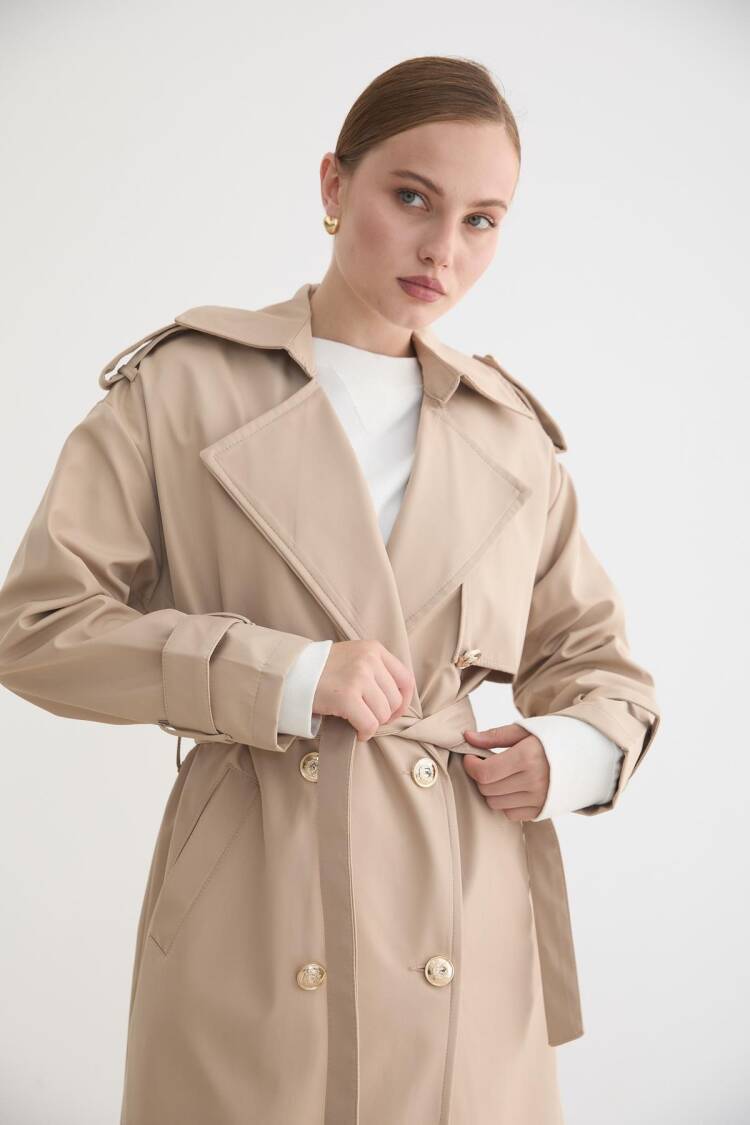 Beige Trenchcoat With Notched Collar And Tie Closure