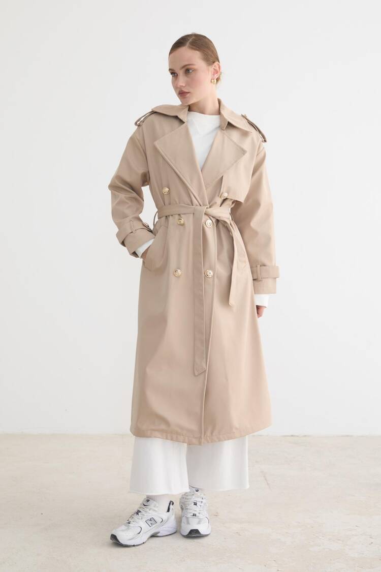 Beige Trenchcoat With Notched Collar And Tie Closure