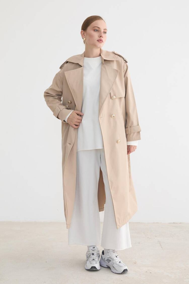 Beige Trenchcoat With Notched Collar And Tie Closure - Brand: Levure - Women & Kids, Baby Clothes Wholesale - Globality Store