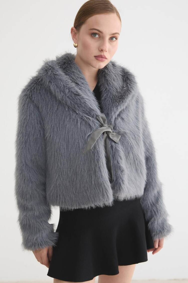 Fur Coat With Notched Collar And Tie Closure