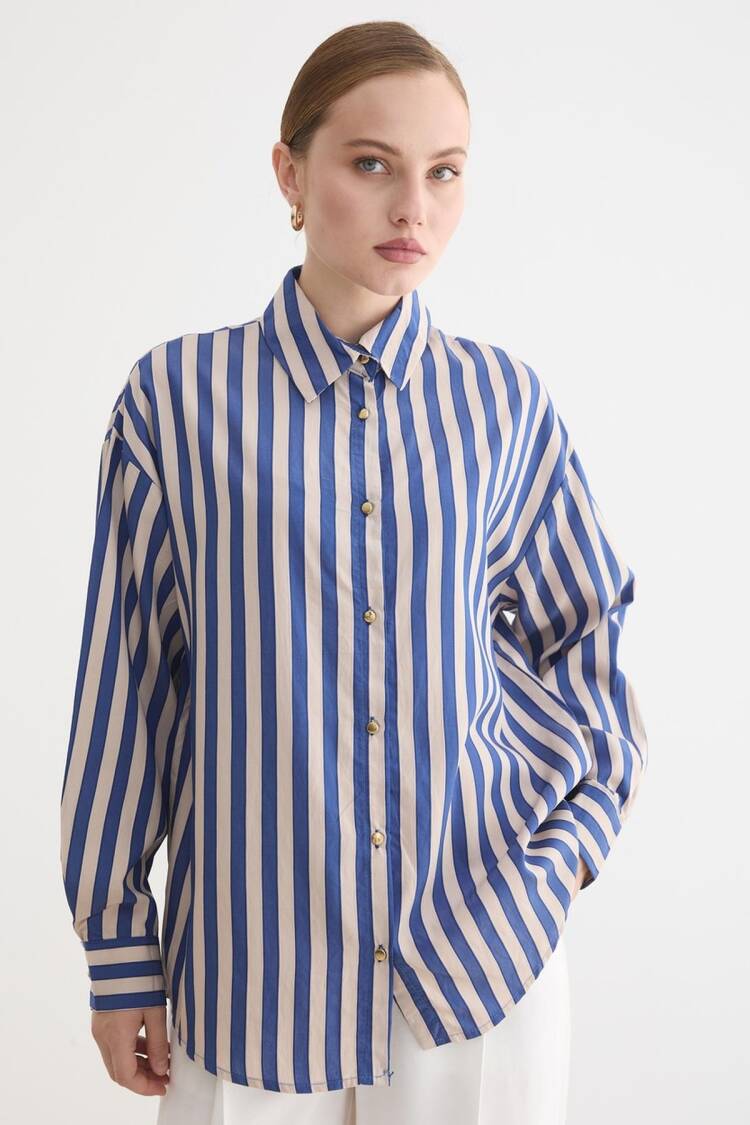 Blue Striped Oversized Fit Shirt With Notched Neck - Brand: Levure - Women & Kids, Baby Clothes Wholesale - Globality Store