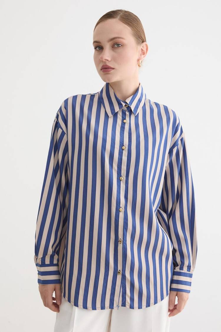 Blue Striped Oversized Fit Shirt With Notched Neck