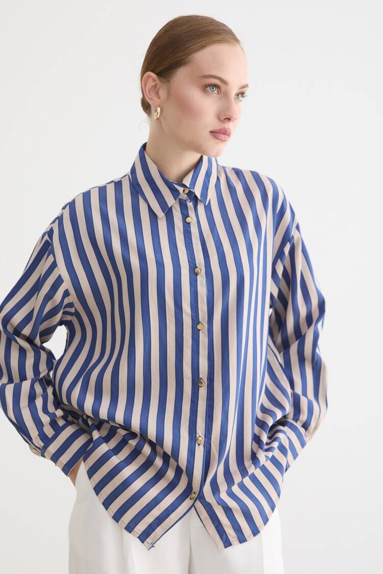 Blue Striped Oversized Fit Shirt With Notched Neck