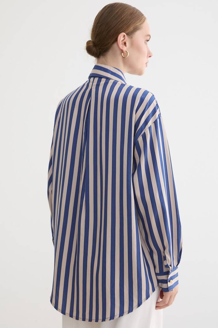 Blue Striped Oversized Fit Shirt With Notched Neck
