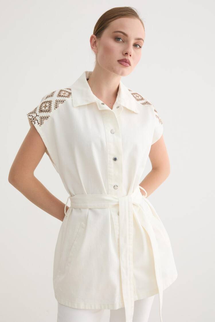 White Ethnic Long Vest With Buttoned Closure