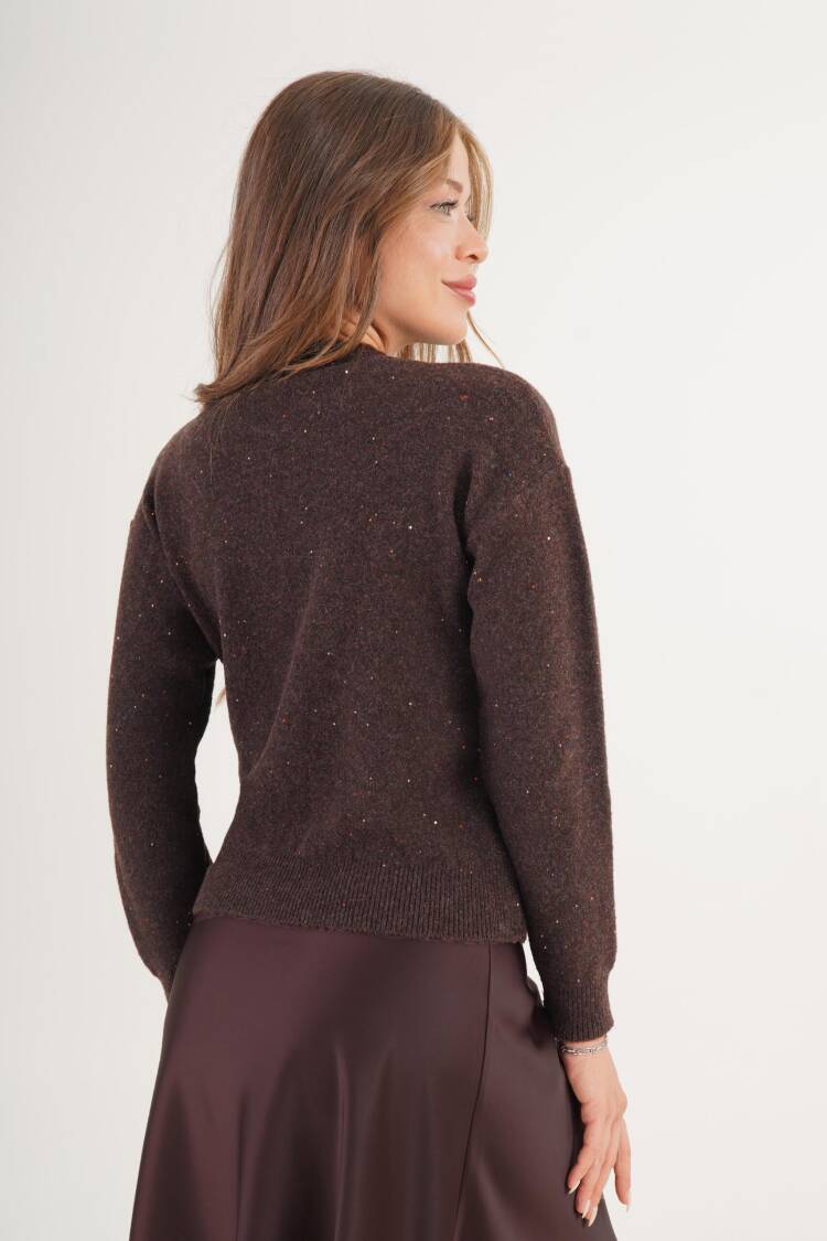 Brown Sequined Sweater With Crew Neck