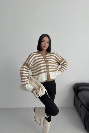 Beige Striped Buttoned Cardigan With Extra Long Sleeves - Brand: My Fashion - Women & Kids, Baby Clothes Wholesale - Globality Store