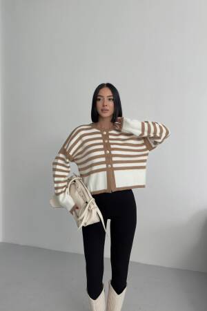 Beige Striped Buttoned Cardigan With Extra Long Sleeves - Brand: My Fashion - Women & Kids, Baby Clothes Wholesale - Globality Store
