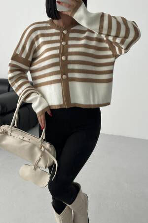 Beige Striped Buttoned Cardigan With Extra Long Sleeves - Brand: My Fashion - Women & Kids, Baby Clothes Wholesale - Globality Store