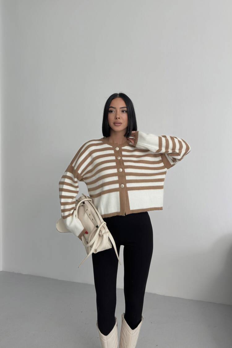 Beige Striped Oversized Fit Cardigan