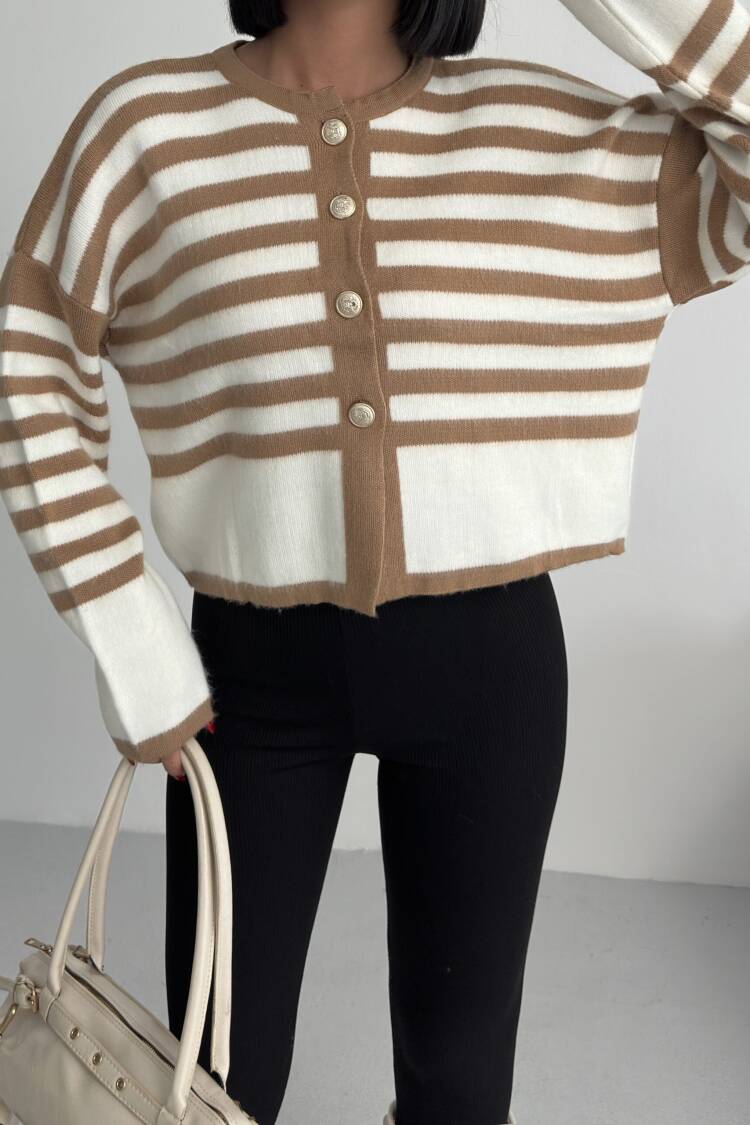 Beige Striped Oversized Fit Cardigan