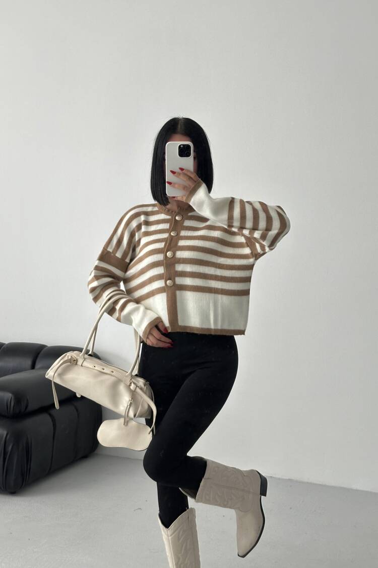 Beige Striped Oversized Fit Cardigan