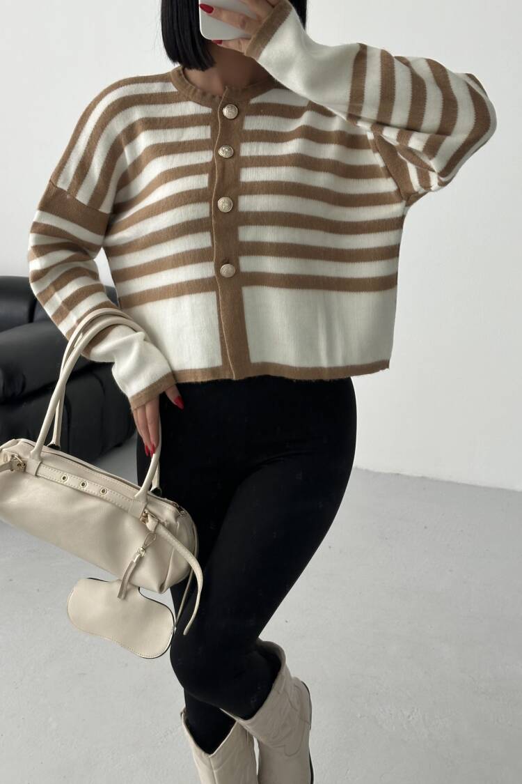 Beige Striped Oversized Fit Cardigan