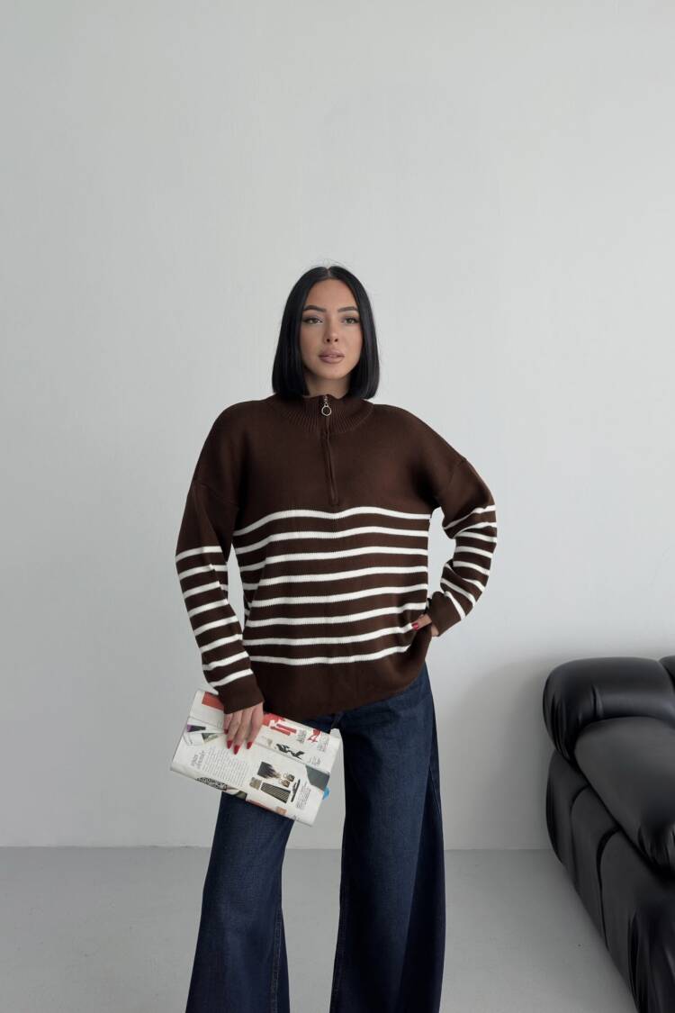 Oversized Fit Striped Sweater With High Neck