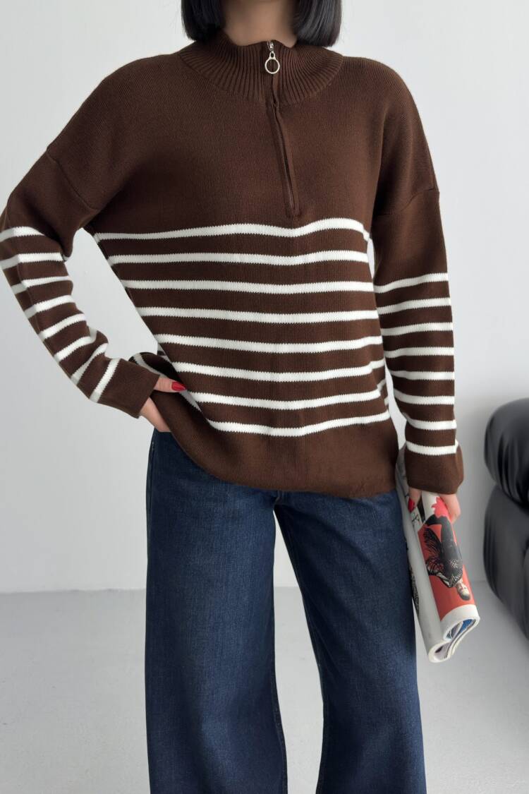 Oversized Fit Striped Sweater With High Neck