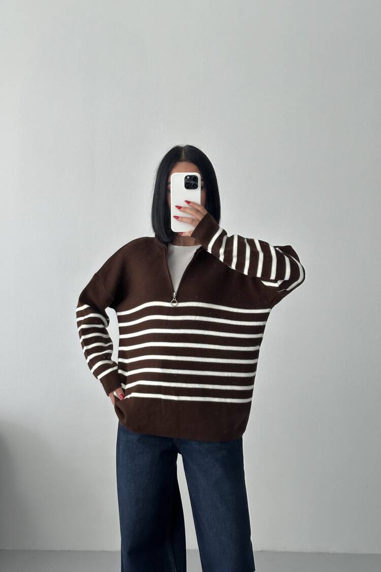 Oversized Fit Striped Sweater With High Neck