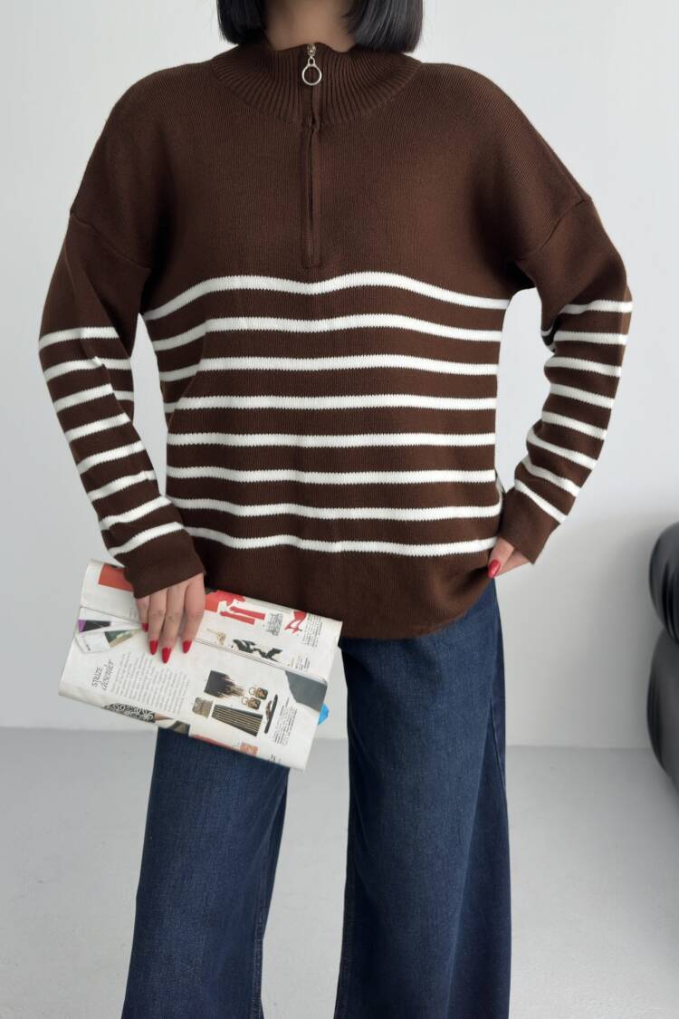 Oversized Fit Striped Sweater With High Neck