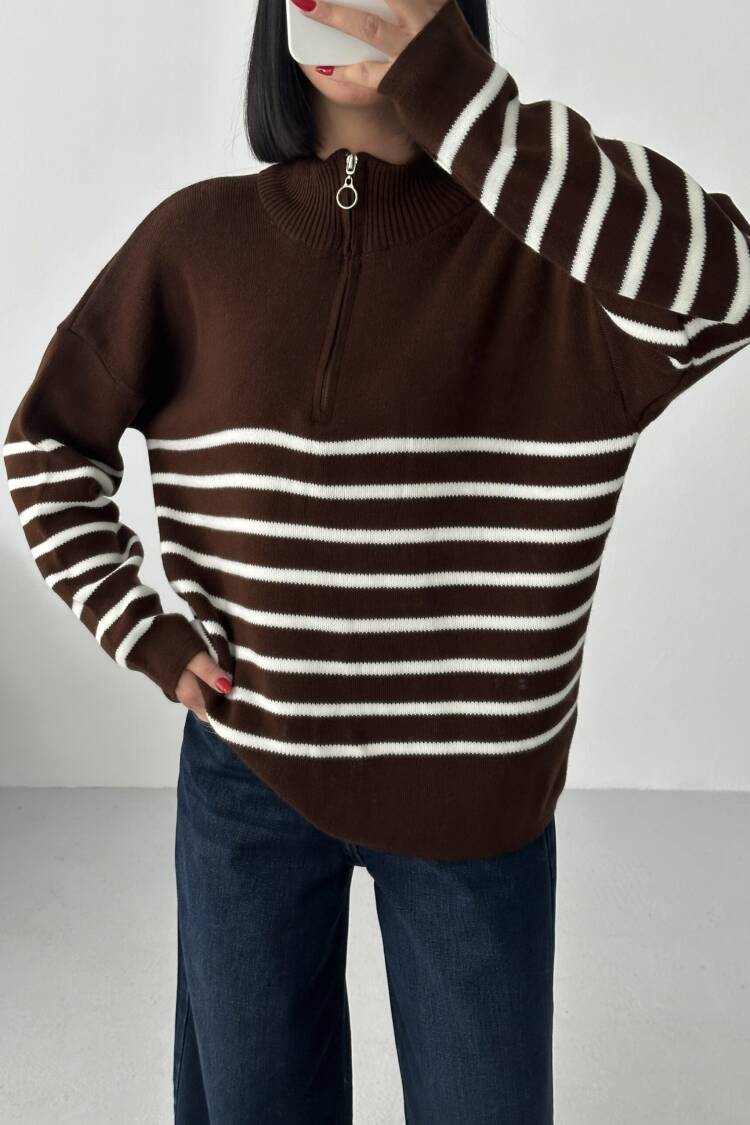 Oversized Fit Striped Sweater With High Neck