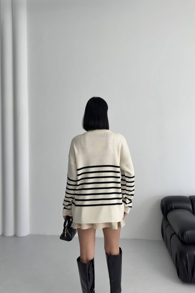 Beige Striped Oversized Fit Sweater With High Neck