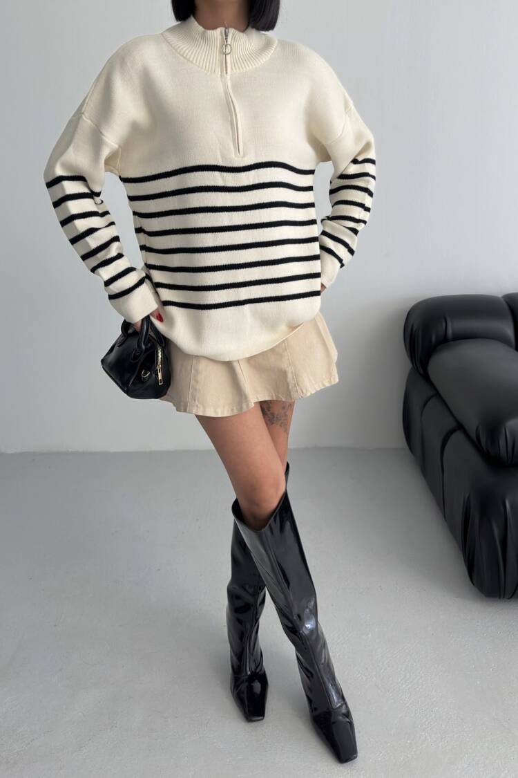 Beige Striped Oversized Fit Sweater With High Neck
