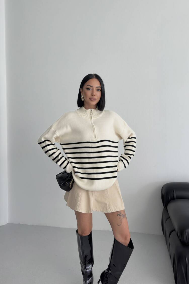 Beige Striped Oversized Fit Sweater With High Neck