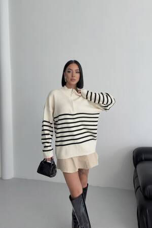 Beige Striped Oversized Fit Sweater With High Neck - Brand: My Fashion - Women & Kids, Baby Clothes Wholesale - Globality Store
