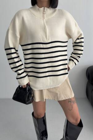 Beige Striped Oversized Fit Sweater With High Neck - Brand: My Fashion - Women & Kids, Baby Clothes Wholesale - Globality Store