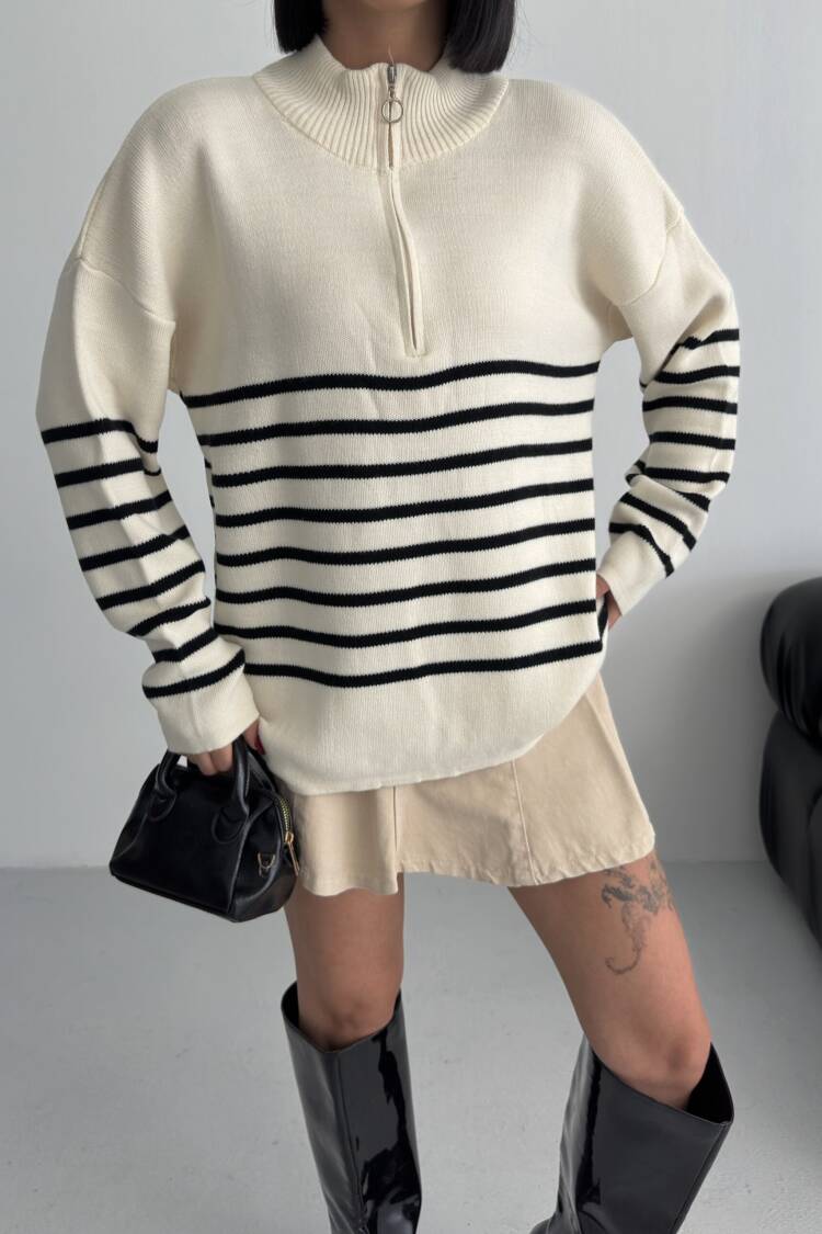 Beige Striped Oversized Fit Sweater With High Neck