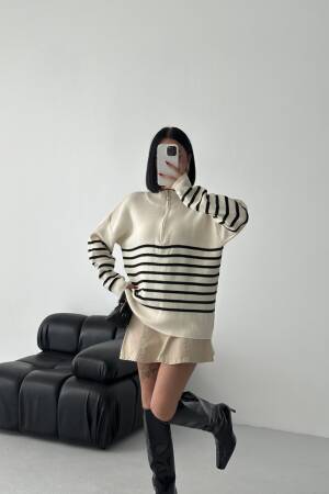 Beige Striped Oversized Fit Sweater With High Neck - Brand: My Fashion - Women & Kids, Baby Clothes Wholesale - Globality Store