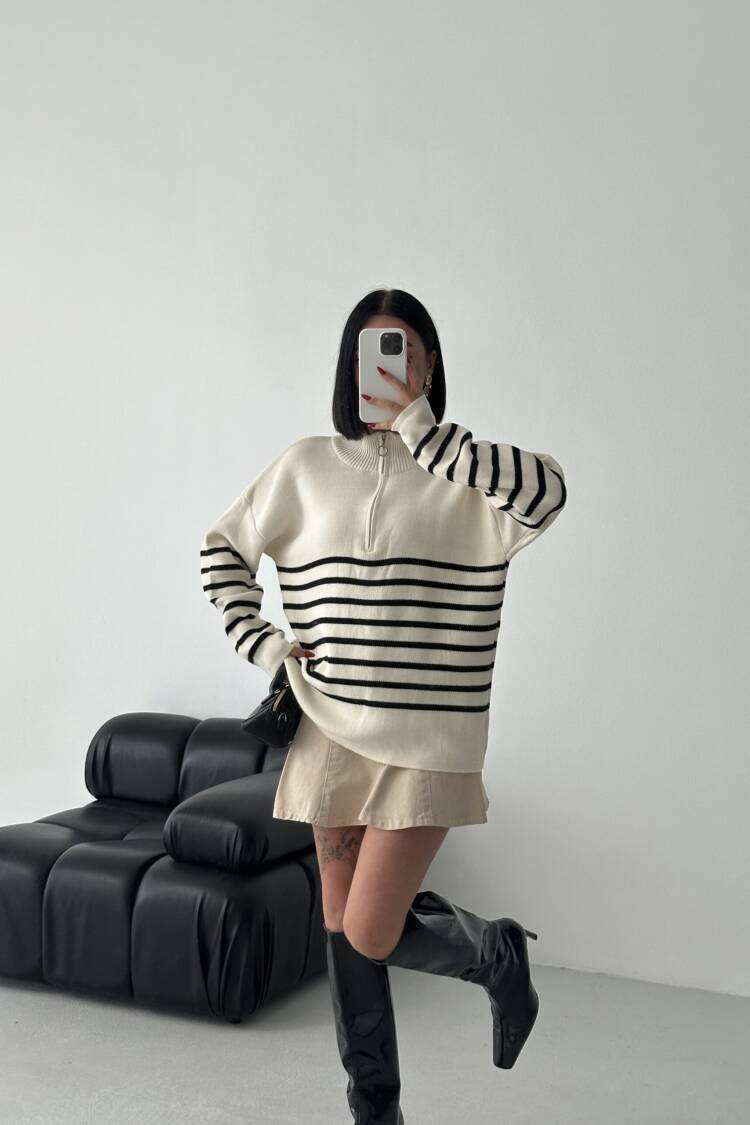 Beige Striped Oversized Fit Sweater With High Neck