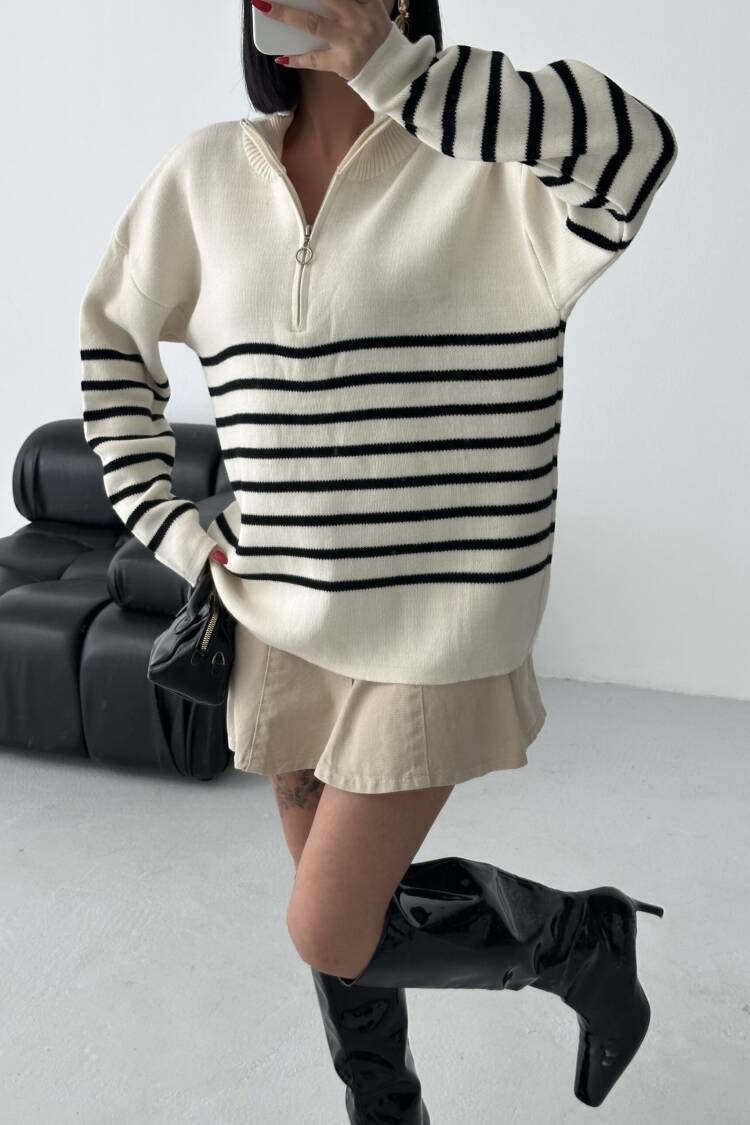 Beige Striped Oversized Fit Sweater With High Neck