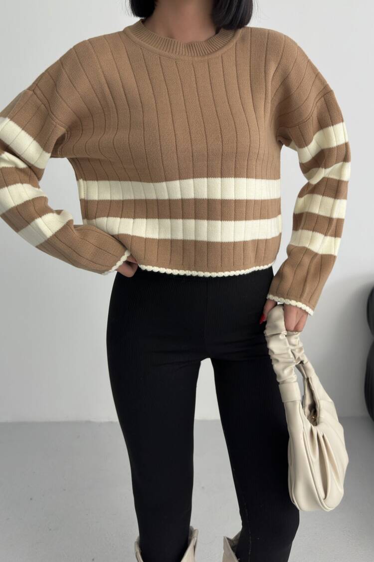 Brown Casual Striped Crop Sweater
