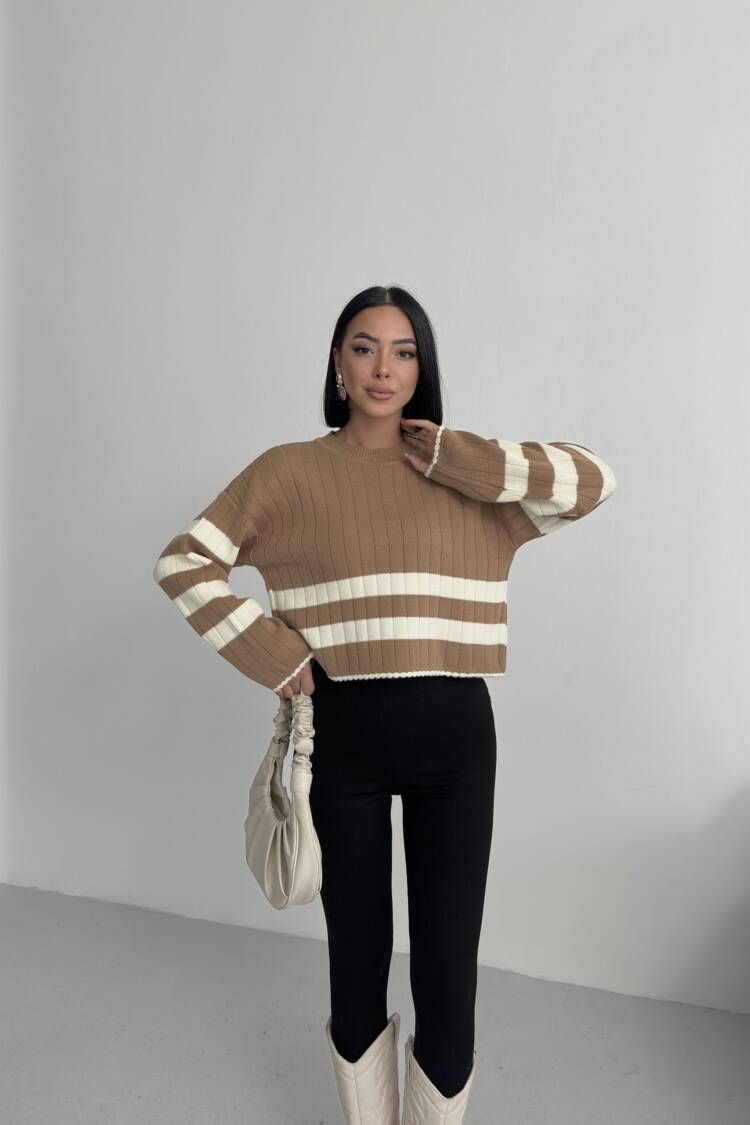 Brown Casual Striped Crop Sweater