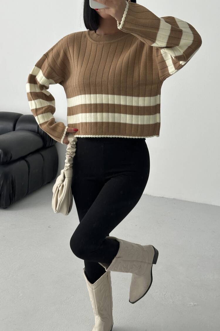 Brown Casual Striped Crop Sweater