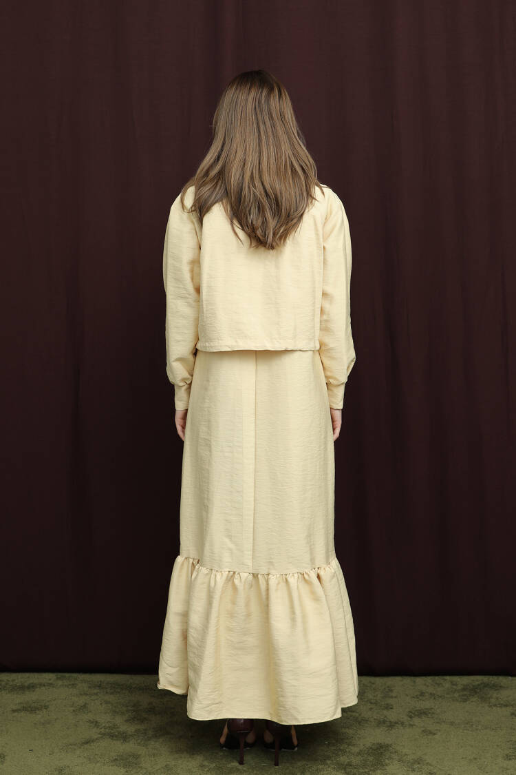 Beige A-Line Modest Dress With Long Sleeves