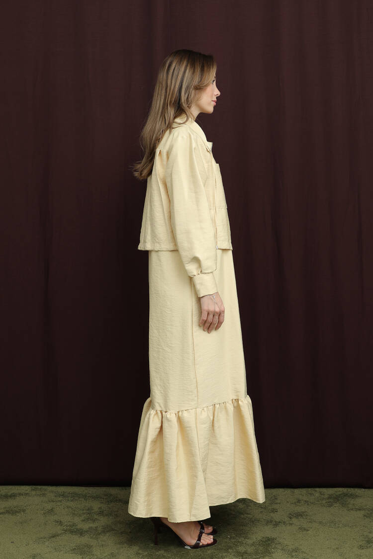 Beige A-Line Modest Dress With Long Sleeves