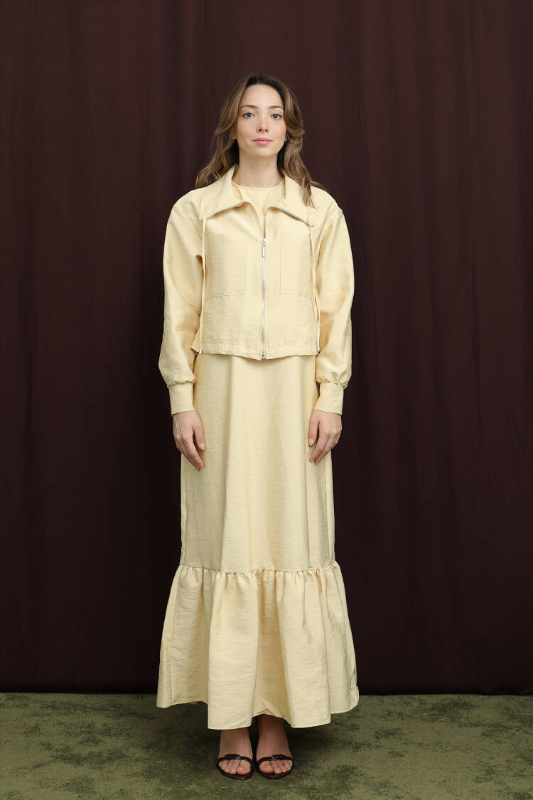 Beige A-Line Modest Dress With Long Sleeves