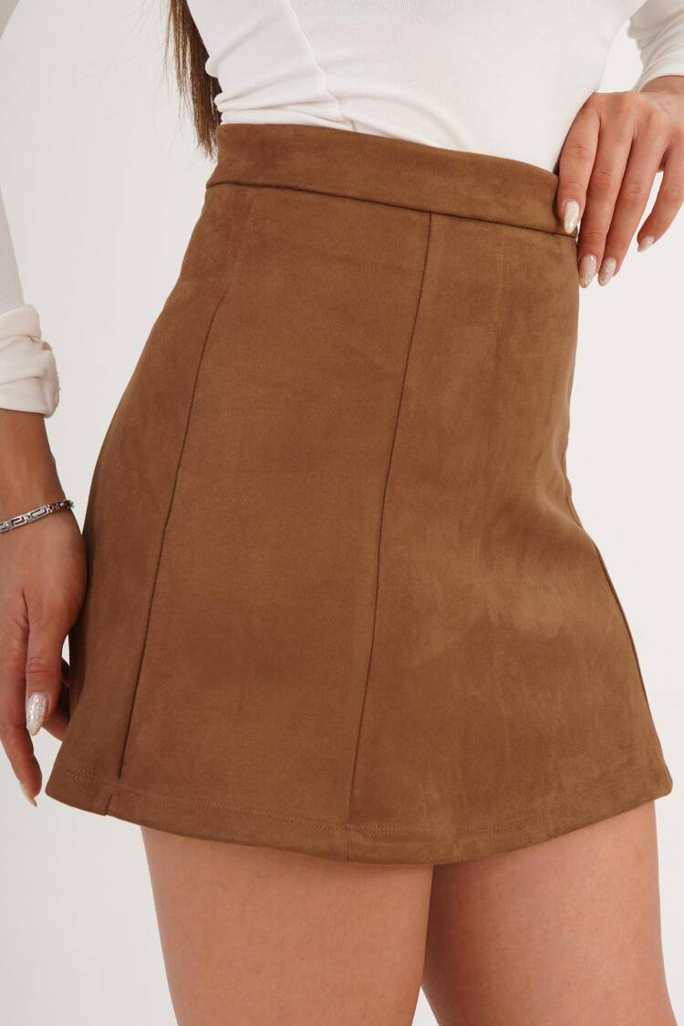 Brown A-Line Mini Skirt Mid Waist Pull On
