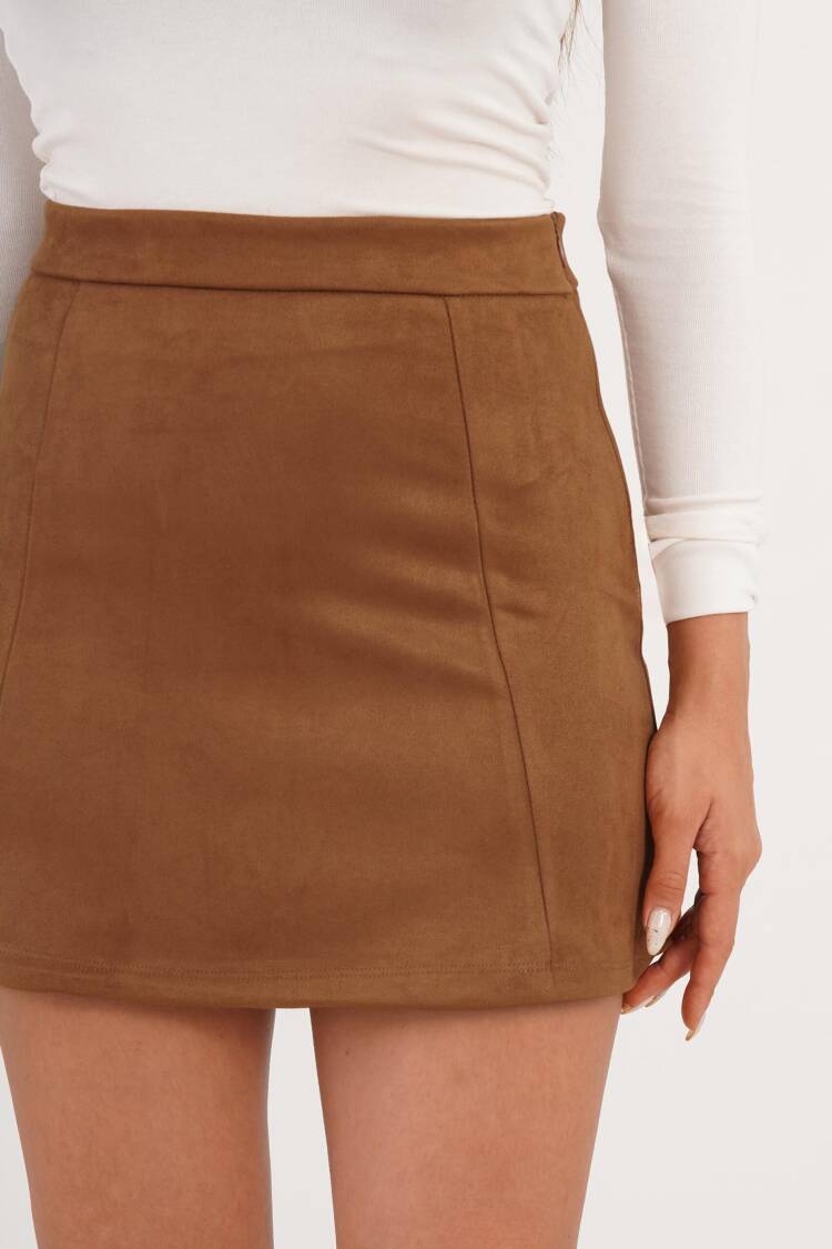 Brown A-Line Mini Skirt Mid Waist Pull On