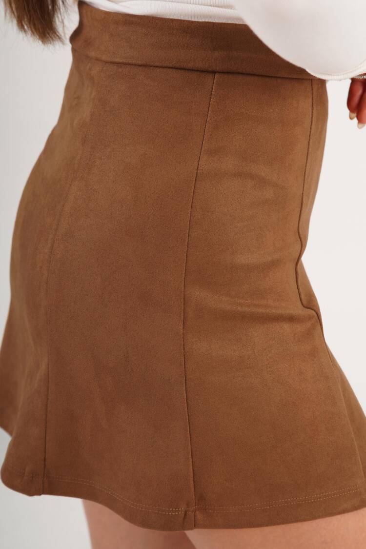 Brown A-Line Mini Skirt Mid Waist Pull On